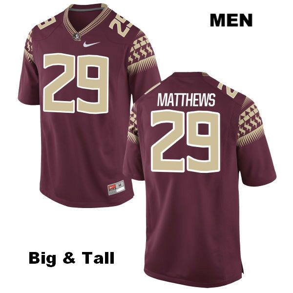 Men's NCAA Nike Florida State Seminoles #29 D.J. Matthews College Big & Tall Red Stitched Authentic Football Jersey BLU0769UP